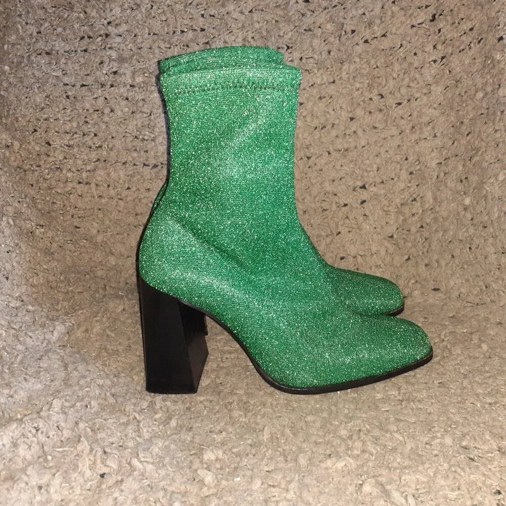L'INTERVALLE-Green Glitter-Stretch High Heel Ankle Sock Boots-Sz 40-Near Mint - Picture 4 of 6